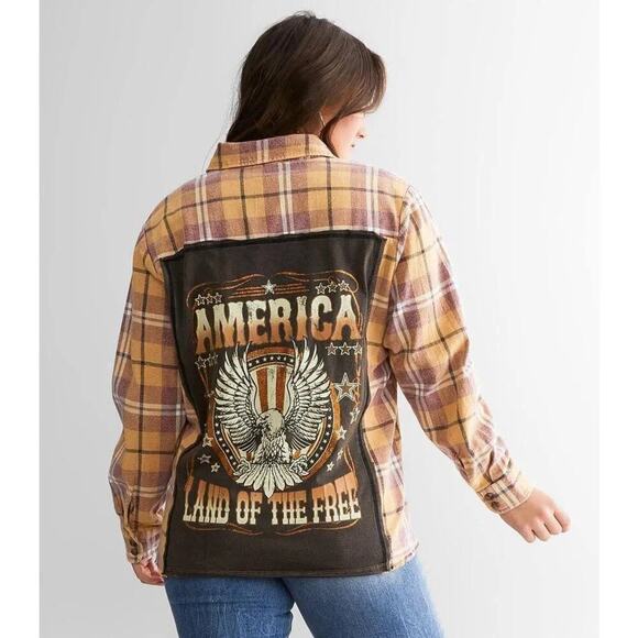 La La Land Creative Co Tops - Originality La La Land America Land of the Free Bleach Dyed Plaid Flannel Shirt